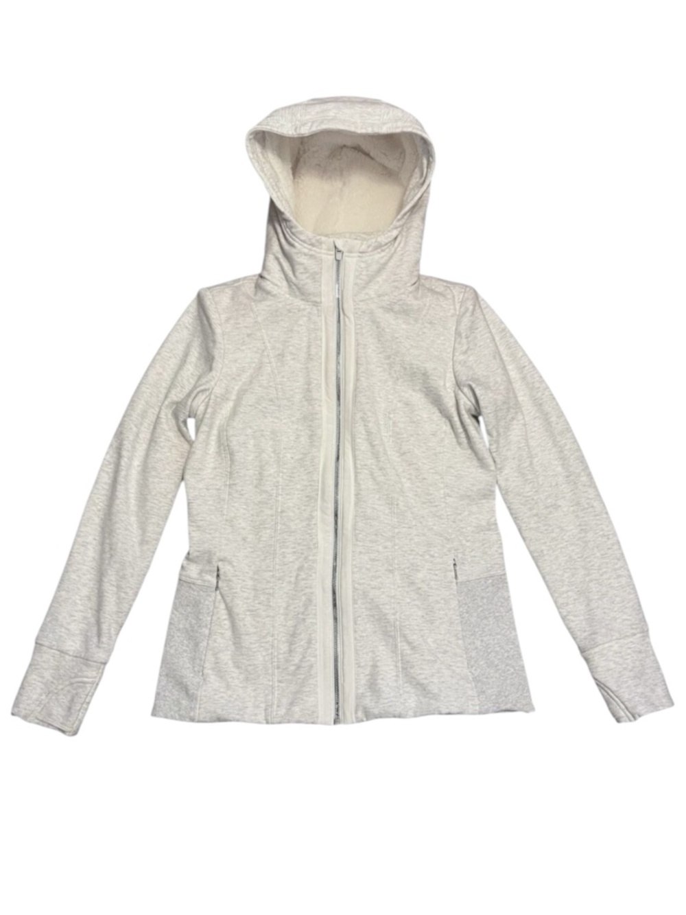 ATHLETA Light Grey Heather Luxe Victory Full Zip Hoodie Faux Fur Lined Pockets M